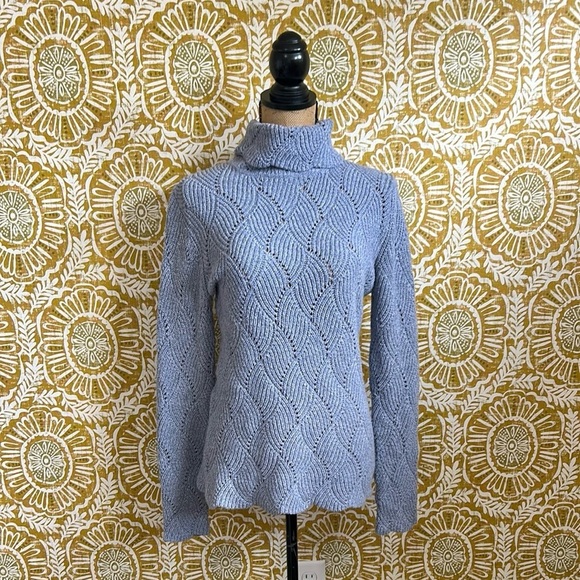 Sundance Champlain Blue Cotton/Silk Blend Pointelle Turtleneck Sweater size M - Picture 2 of 10